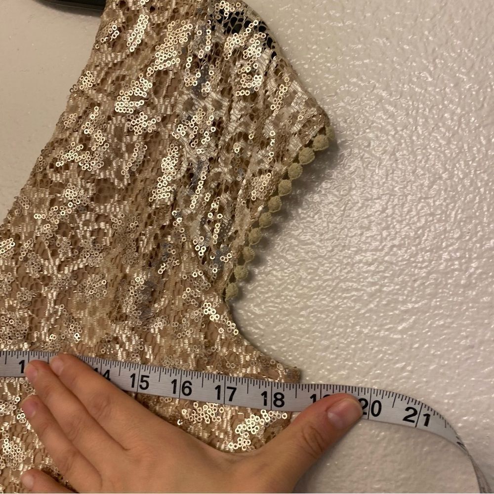 C. Luce Gold champagne all over Sequins formal Dress v neck cap sleeve NYE L - Picture 12 of 15
